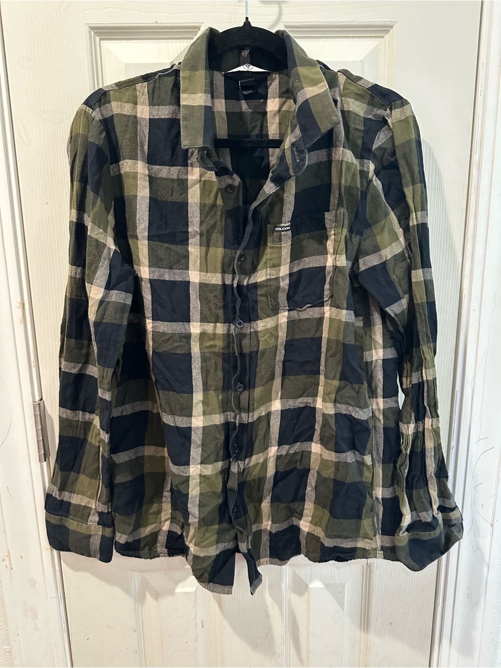 Volcom Men's Olive Green Black Plaid Button-Down Shirt
